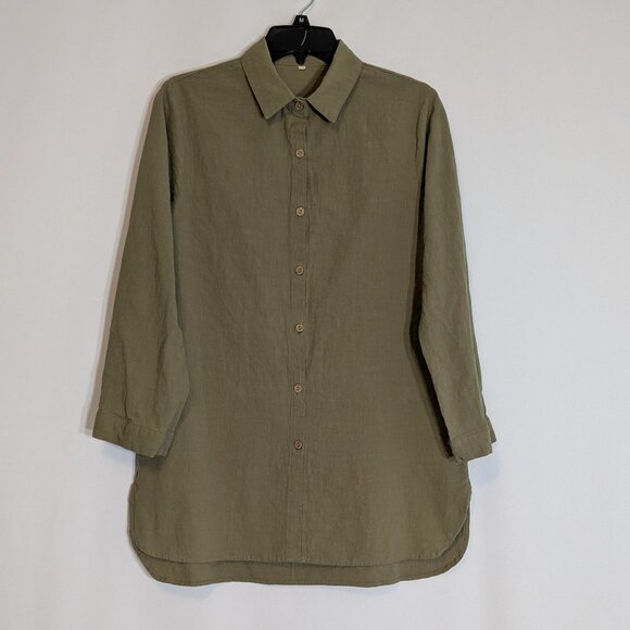 Olive Green Cotton 3/4 Sleeve, Collared Button Blouse; Size M - Picture 1 of 6